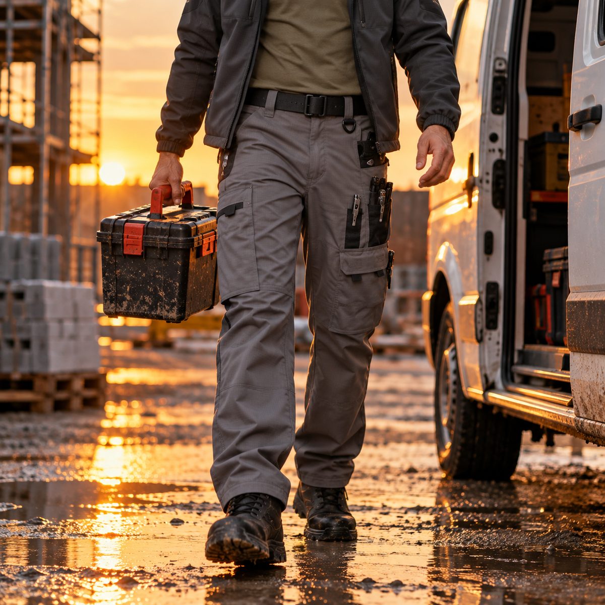 Gris – Pantalon de travail sur chantier après la pluie